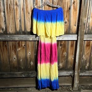 AREA multi-ombre flutter dress maxi yellow blue pink tie dye Medium NWT